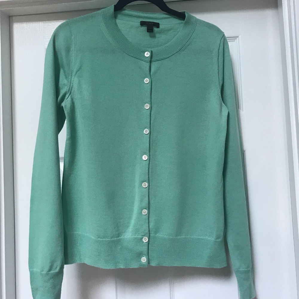 JCrew Crewneck Merino Wool Cardigan Mint Green EUC